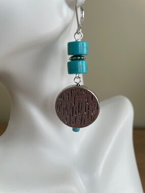 HAND CRAFTED TURQUOISE & SILVER COIN BEAD EARRINGS Southwestern Boho Dangles